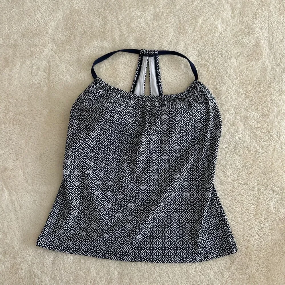 Kona Sol Tankini Swim Top Sz S Navy White Geometric Print Padded Halter Beach